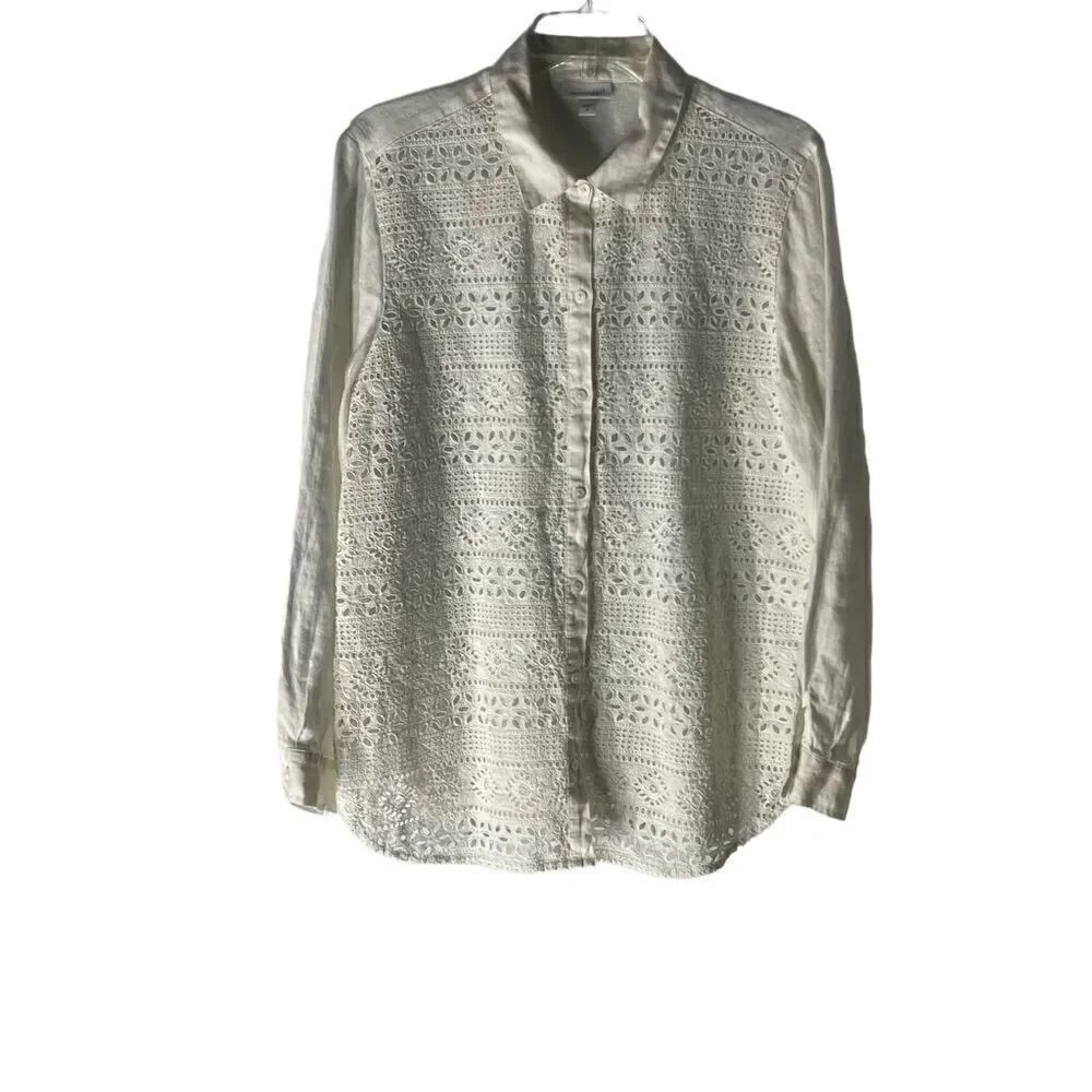J Jill Love Linen Cutout Floral Button Down Long Sleeve Top Size Medium